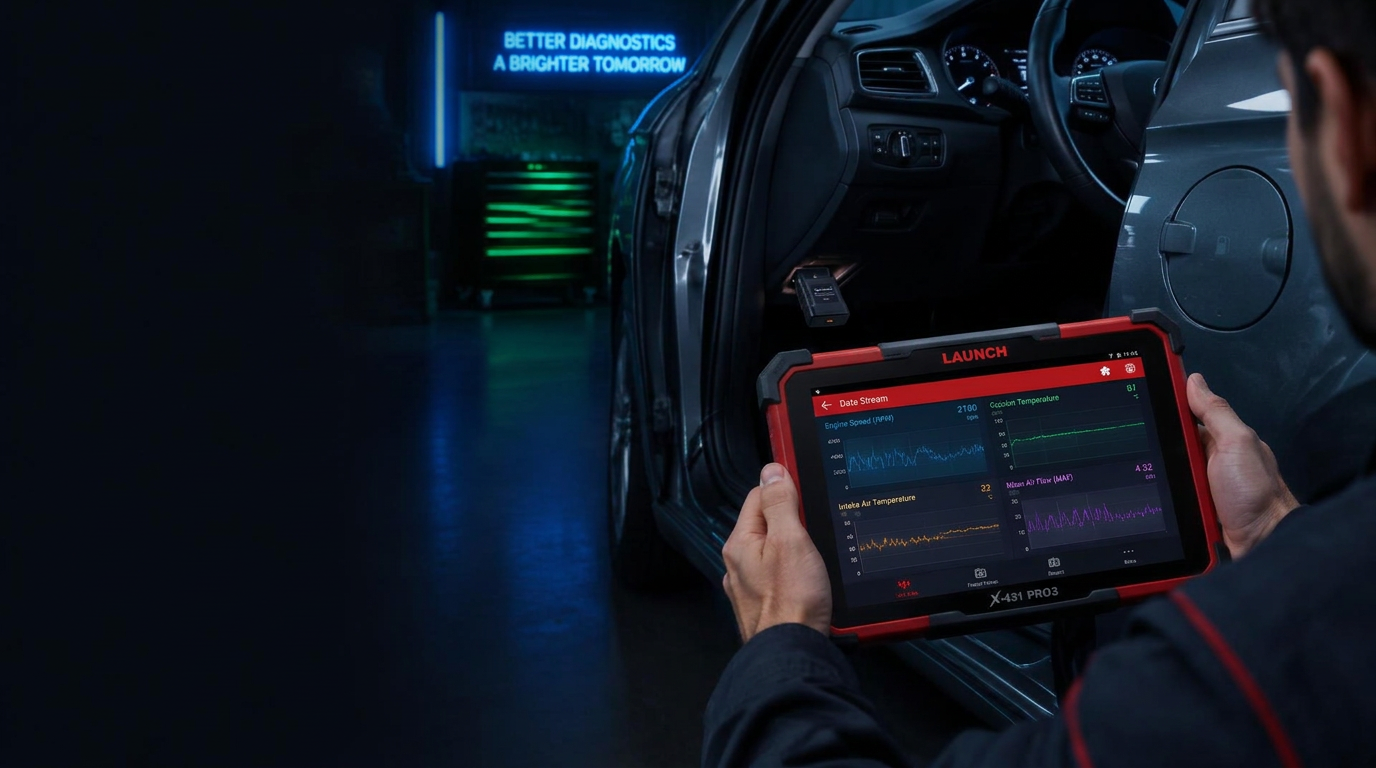 Technician using a Launch X-431 PRO3 diagnostic tablet on a car in the workshop